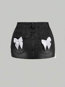 SHEIN MOD 大码牛仔裙，带蝴蝶结装饰 - 灰色 - 查看 2