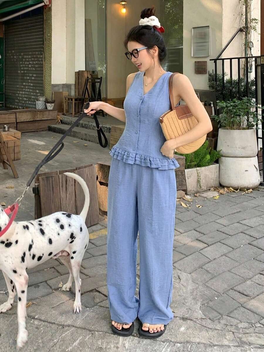 DAZY Bộ đồ mùa xuân hè gồm áo khoác cardigan không tay ôm dáng, viền bèo nhún và quần ống đứng thoải mái, thanh lịch cho công sở, những dịp lãng mạn, đi biển hoặc nghỉ lễ. - Màu xanh lam - Xem 1