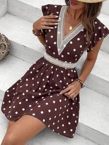 SHEIN Frenchy V-Neck Cap Sleeve Ruffle Polka Dot Waist Cinched Summer Pleated Dress - Brown - View 2