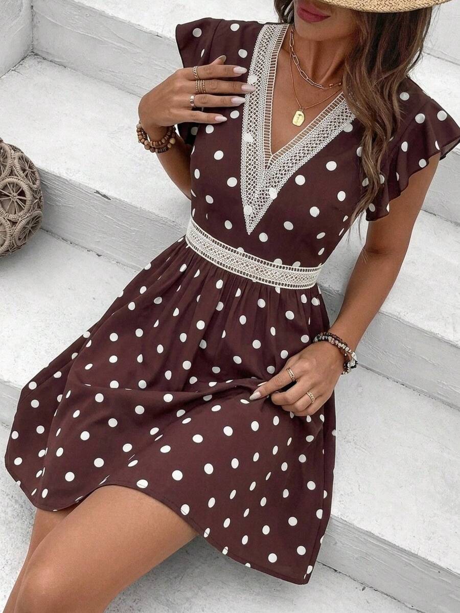SHEIN Frenchy V-Neck Cap Sleeve Ruffle Polka Dot Waist Cinched Summer Pleated Dress