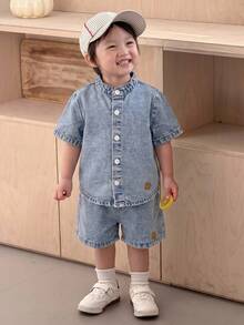 SHEIN 2pcs Baby Boy Denim Short Sleeve Shirt And Shorts Set - Light Wash - View 5