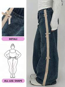 Dazy Plus Jeans de pierna ancha y suelta con parches de color contrastante y decoración de lazo de cinta, adecuados para todas las estaciones - Azul lavado medio - Ver 1