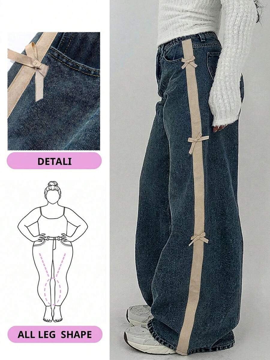 Dazy Plus Jeans de pierna ancha y suelta con parches de color contrastante y decoración de lazo de cinta, adecuados para todas las estaciones - Azul lavado medio - Ver 1