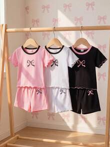 SHEIN Playful Pals 6件套女婴休闲日常黑色、粉色、白色圆领短袖上衣和松紧腰短裤套装，适合户外玩耍或舒适的春夏穿着。 - 彩色 - 查看 3