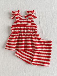 Playful Pals Babygirl Christmas Holiday Outfits Red And White Stripe Summer Cute Vacation 2pcs Suit,Knitted Jacquard Red Halter Top And Shorts For Party,Beach - Red and White - View 3