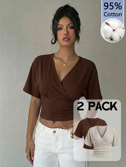 Aloruh 2pcs Women Striped V-Neck Batwing Short Sleeve Pleated Casual T-Shirt Set