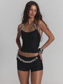 MUSERA Halterneck Beaded Longline Woven Top Sexy Summer Spring Rave Festival Holiday Vacation Party Going Out Serpent - Black - View 5