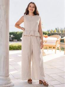 Rosumi Plus Size Women's 2pc Set,White Striped Ruffle Sleeveless Tank Top And Wide Leg Pants,Summer Vacation Holiday Boho Outfit,Casual Everyday Set - Khaki - View 5