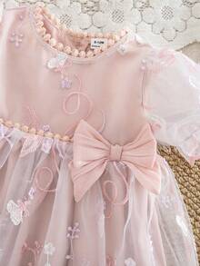 SHEIN 女婴可爱刺绣网纱花瓣袖圆领公主裙，夏季 - 粉色 - 查看 6
