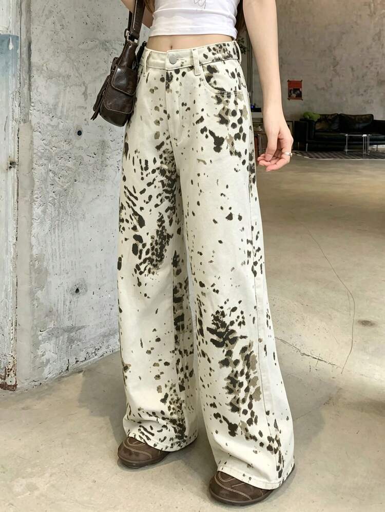 Women's Casual Washed Vintage Print Denim Jeans