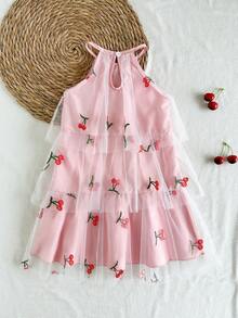 SHEIN Vintaside Kids Toddler Girls' Sweet Mori Style Mesh Ruffle Neck Sleeveless A-Line Princess Dress - White - View 2