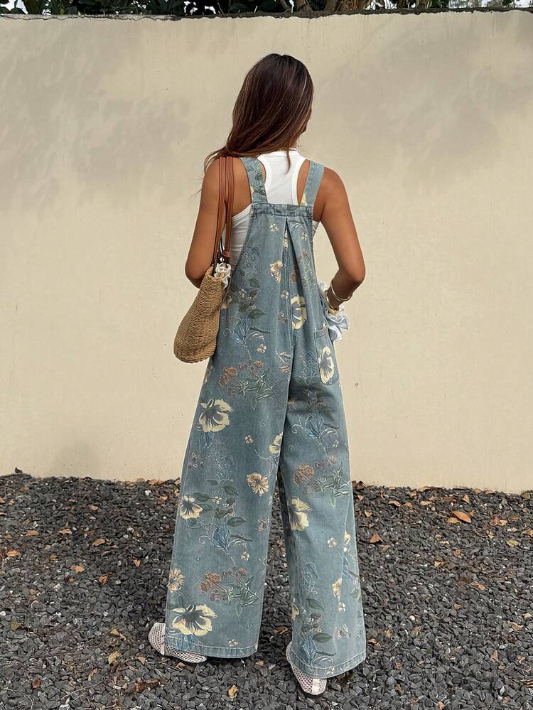Women's Fashion Pocketed Pleated Sleeveless Square Neck Denim Jumpsuit, Summer Vacation Outfits Women