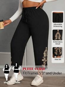 SHEIN PETITE CURVE Quần nữ cỡ lớn thêu họa tiết, cạp cao kiểu túi giấy, phong cách mùa xuân, cạp cao thanh lịch, quần đen thường ngày, dáng rộng. - màu đen - Xem 3