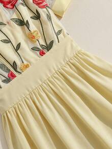 GlowEve Women's Pale Yellow Elegant Summer Brunch Dress,Embroidered Patchwork V-Neck A-Line French Retro Sweet Short Sleeve Mid-Length Daily Vacation Fashion - Light Yellow - View 6