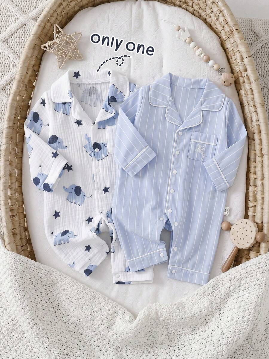 Bộ áo liền quần dài tay bằng cotton in hình voi cho bé trai sơ sinh, có túi phía trước, thích hợp mặc thường ngày. - Màu xanh lam - Xem 1