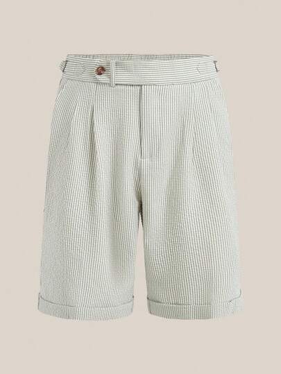 VeloEdit Men's Mid-Rise Light Green Textured Fine Plaid Casual Shorts Pleated Shorts Men Shorts Textured Linen Blend Shorts Seersucker Shorts Striped Shorts, With Drawstring & Pocket & Button, Old Money, Father's Day Gift For Father & Boyfriend, Outfits For