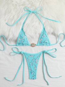 Swim Vcay Swim SXY 2-Piece Set, Sequin Textured Fabric Gold Snake Rhinestone Decor Halter Triangle Bra And Side Tie Bikini Swimwear For Women, Spring/Summer - Mint Blue - View 1