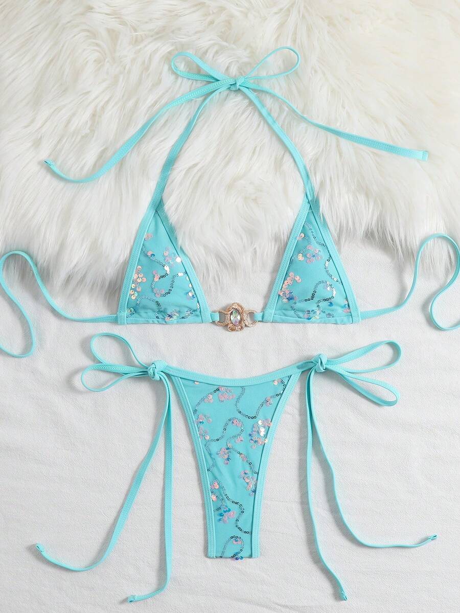 Swim Vcay Swim SXY 2-Piece Set, Sequin Textured Fabric Gold Snake Rhinestone Decor Halter Triangle Bra And Side Tie Bikini Swimwear For Women, Spring/Summer - Mint Blue - View 1