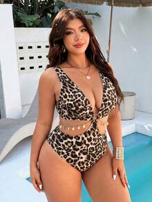 Swim Vcay Bộ đồ bơi liền thân cỡ lớn gợi cảm mới năm 2026 với họa tiết da báo, thiết kế eo khoét sâu với họa tiết vỏ sò và vòng trang trí, thích hợp cho bãi biển mùa hè. - Nhiều màu - Xem 6