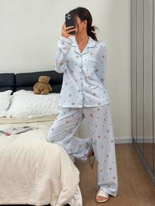 Napfluff Bộ đồ ngủ nữ gồm áo khoác cardigan cổ bẻ in hình gấu hoạt hình dễ thương và bộ đồ ngủ có ve áo. - Xanh da trời - Xem 5