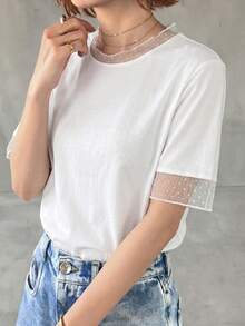 FRIFUL 女士休闲宽松透视网纱纯色T恤，春夏百搭 - 白色 - 查看 2