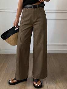 Women's Loose-Fitting Flared Pants With Pockets, Casual Solid Color Street Style Pants For Autumn - 棕色 - 查看 3