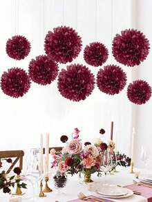 9pcs/Set Burgundy DIY Decorative Paper Flowers & Pom Poms - Suitable For Valentine's Day, Engagement, Wedding, Bridal Shower, Anniversary, Bachelorette Party, Birthday Party, Home Outdoor Hanging Decor - burgundy - View 4
