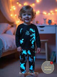 Cozy Pixies Conjunto de pijama de 2 piezas para bebé niño con parte superior de manga larga de cuello redondo y estampado de animales de dibujos animados que brilla en la oscuridad, y pantalones largos de cintura elástica ajustados - Multicolor - Ver 8