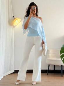 INAWLY Plus Size Women Casual Asymmetrical Shoulder Versatile Daily Wear Top - Blue - View 4