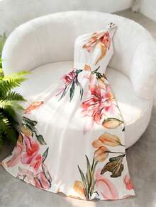SHEIN Holidaya 女士优雅通勤户外连衣裙，单肩褶皱腰身A字印花长裙，春夏款 - 彩色 - 查看 4