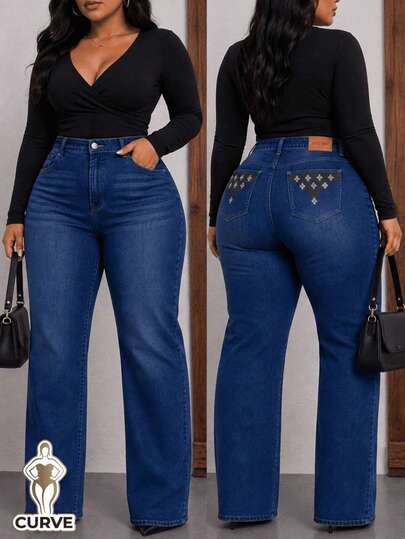 Pantalon denim tiro alto recto wide leg moldeador dama plus primavera verano elegante sexy oficina uso diario casual ajuste comodo cintura alta realce figura