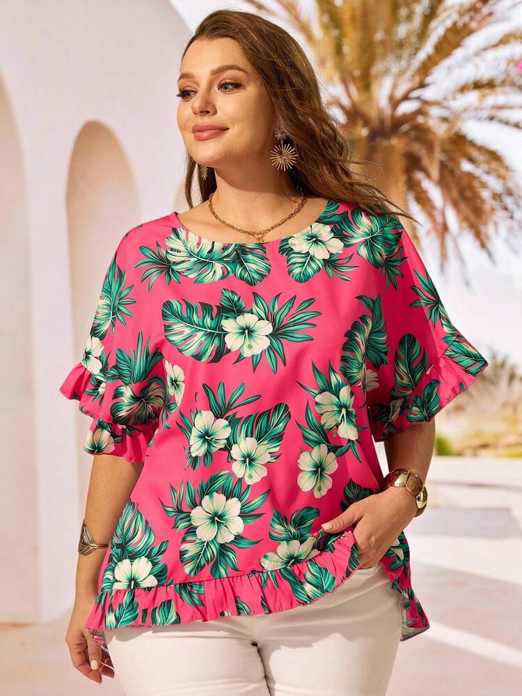 Plus Size Women Floral Print Casual Versatile Daily Wear Shirt Plus Size Tropical Outfits Plus Size Women Clothes Summer Clothes Plus Size Women's Summer Outfits Hawaian Outfit For Women Plus Size Tropicoqueta Outfits Plus Size