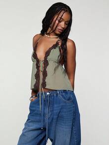 COUREZ Halter Cami Top With Lace / Y2K Summer Outfits For Women Sleeveless Tops Green Tops Going Out Outfits Party Outfits Festival Outfits Summer Tops Spring Outfits For Women Summer Clothes For Women - Army Green - View 4