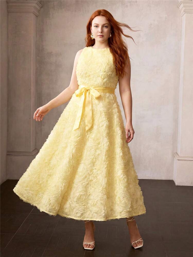 PLUS SIZE WOMEN BELTED JACQUARD DRESS