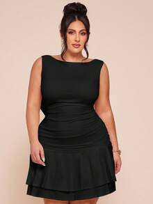 SHEIN BAE Plus Size Women Sleeveless Solid White Ruched Back Bow Decor Mini Dress - Black - View 6