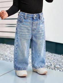 SHEIN Bubblio Quần ống rộng dáng suông màu xanh denim kiểu retro cho bé gái - Rửa nhẹ - Xem 6