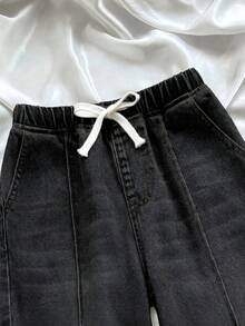 SHEIN Quần jeans ống rộng dáng suông thoải mái dành cho bé gái tuổi teen, có dây buộc eo. - màu đen - Xem 6