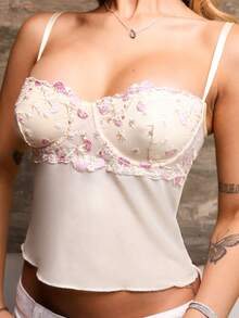 Victoria Miranda Women's Floral Embroidery Cropped Fitted Sexy Camisole Top,Yellow Corset, Embroidered Corset, Elegant Top, Date Top, Going Out Top Casual - Yellow - View 4