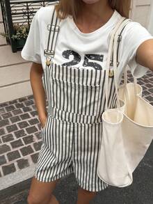 DAZY Bộ áo liền quần denim nữ kẻ sọc có túi, kiểu dáng thường ngày. - Màu xanh lam - Xem 5