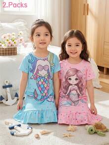Set de 2 piezas de pijama vestido con cuello redondo, manga corta, volantes y estampado de sirena para niñas jóvenes, lindo y dulce - Multicolor - Ver 6