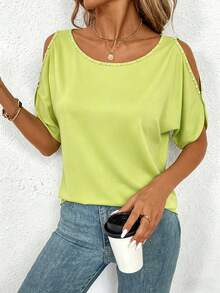 EMERY ROSE 女款純色露肩休閒性感百搭日常穿搭 T-shirt 高爾夫萊姆綠 夏季早午餐 - 橄欖綠 - 查看 5