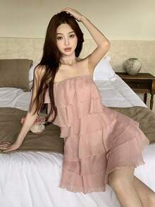 Joudiya Đầm sơ mi hồng cúp ngực mùa xuân hè, kiểu dáng giản dị, ngọt ngào, thích hợp cho lễ hội âm nhạc, ngày Valentine, tiệc cưới, tiệc cocktail, đầm mini chiffon xếp ly cho nữ. - Hồng - Xem 10