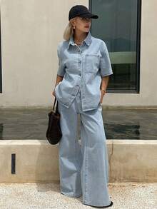 Livesso Bộ đồ denim nữ tay ngắn cổ xanh, kiểu dáng thường ngày, đã qua xử lý, màu xanh nhạt. - Màu xanh lam - Xem 5