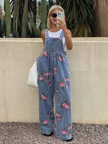 Livesso Mono vaquero holgado de pierna ancha con pliegues y estampado floral para mujer - Azul - Ver 6