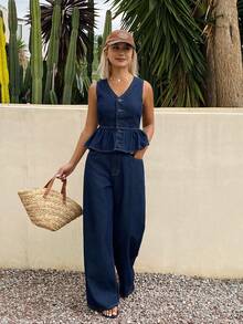 Dazy-Less Women's Vacation Casual Ruffle Sleeveless Top And Jeans Set, Navy Blue Summer Style - Blue - View 6