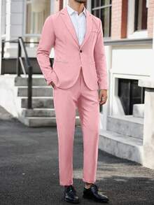 Manfinity Mode Solid Color Blazer And Pants Suit Set, Minimalist Fashion Casual Everyday Wear Wedding Suits Prom Suits Men Tuxedo Suit Formal, Ceremony - Pink - View 6