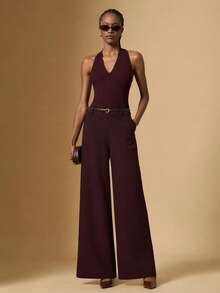Briarwyn Women's Elegant Sexy Pastal Fashion Backless Halter Top And Wide Leg Pants 2 Pieces Set Office Golf Dinner Summer - Coffee Brown - View 1
