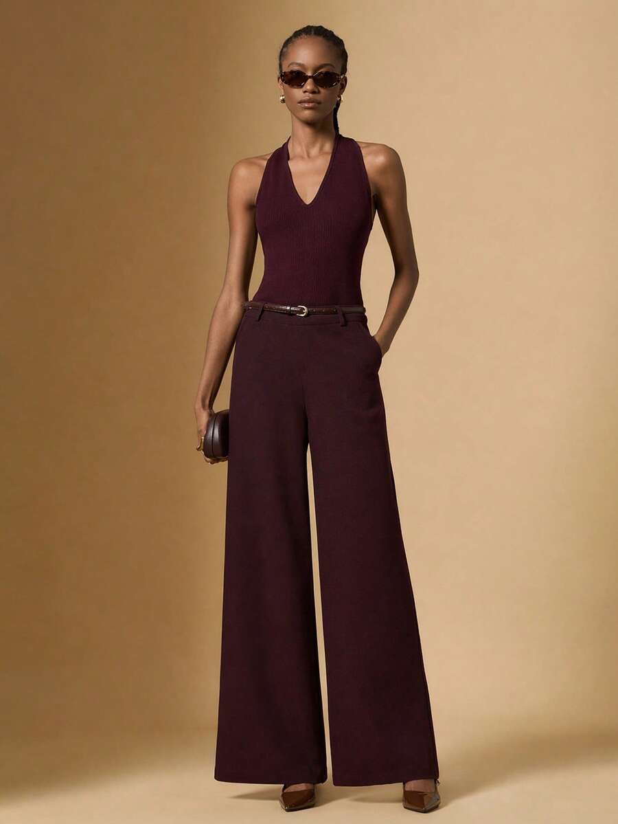 Briarwyn Women's Elegant Sexy Pastal Fashion Backless Halter Top And Wide Leg Pants 2 Pieces Set Office Golf Dinner Summer - Coffee Brown - View 1