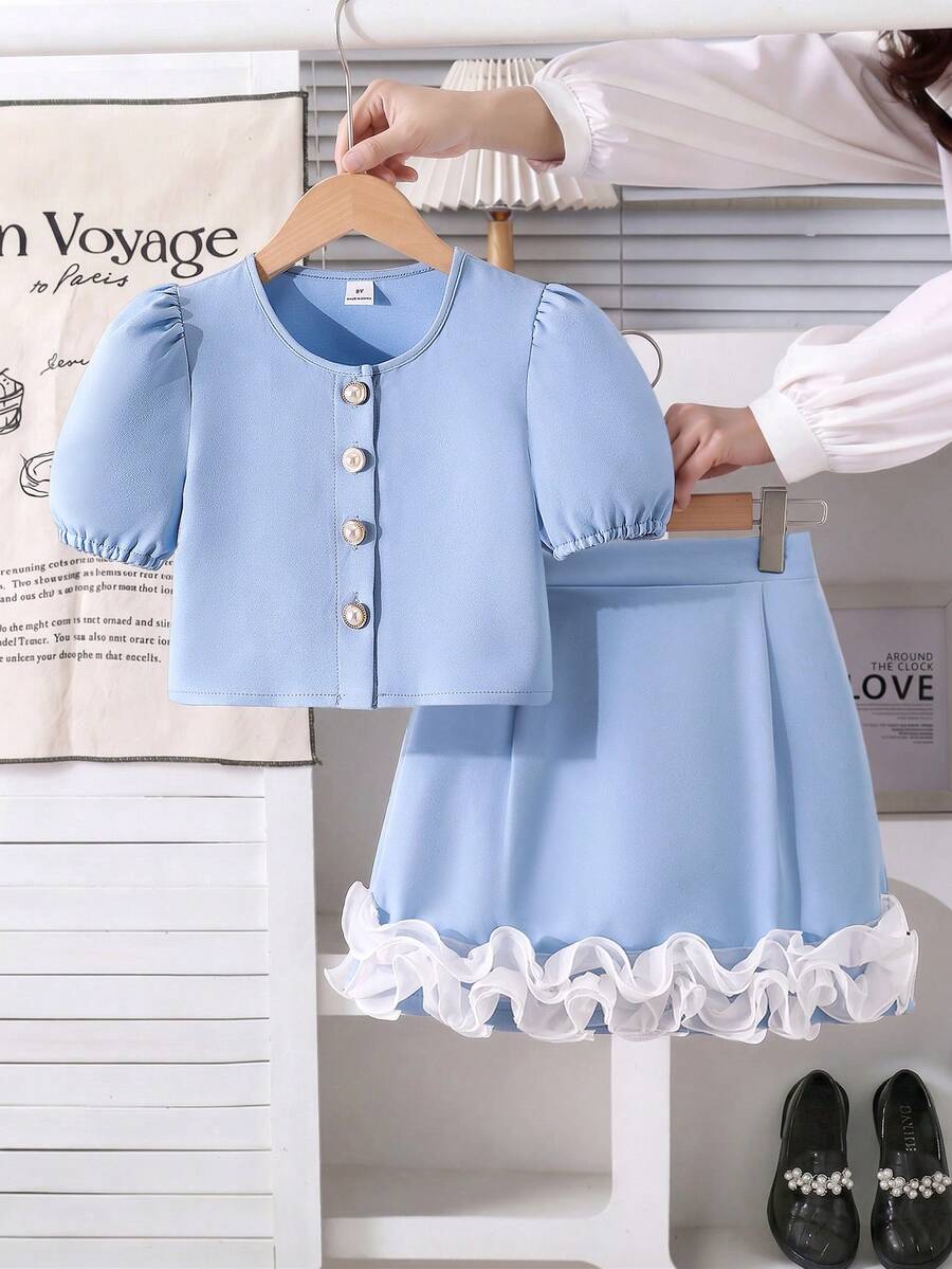SHEIN Elladie kids 优雅少女装扮:休闲纯色针织开衫,饰以珍珠纽扣,搭配褶皱花边半裙,适合少女穿着。 - 藍色 - 查看 1