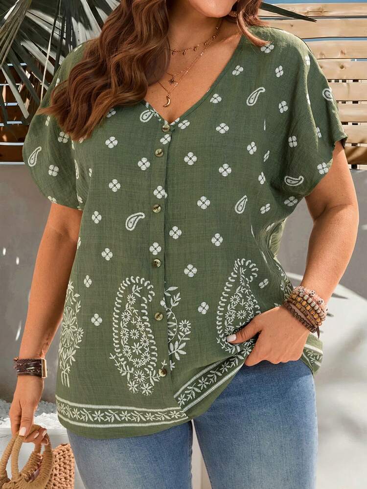 Plus Size Women's Summer Casual Vacation Country Green Button  Floral Print Short Sleeve Blouse Top Shirt,Casual Holiday Style,Summer Outfits For Women ,Vacation Outfits Women ,Holiday Outfits For Women,Going Out Outfits, New Clothes,Simple And Fashionable For Everyday Wear,Suitable For Summer, Vacation, Daily Wear, Festival Outfits For Women,Country Concert Outfit,Beach Outfits For Women,Western Style,,Gifts For Mother,Boho  Top